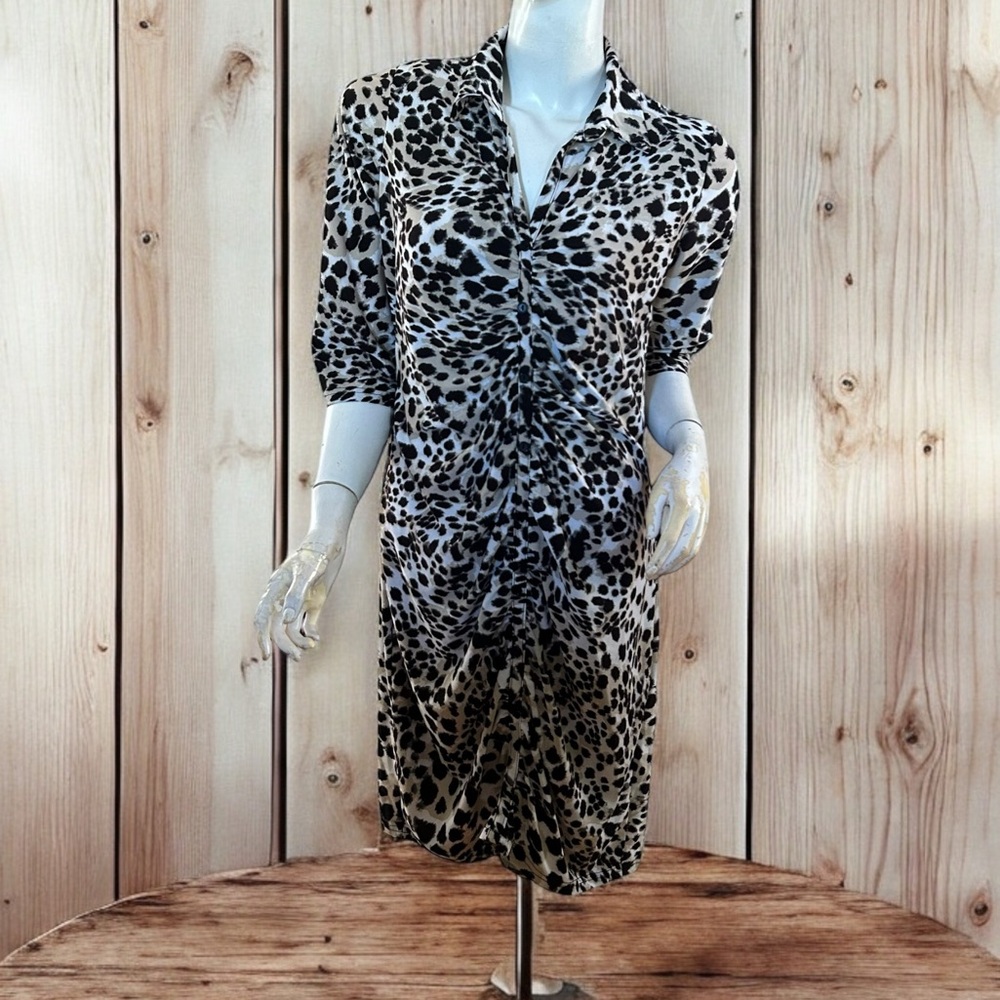 ❄️ 50% off winter Mlle Gabrielle leopard collared fitted stretch midi dress M